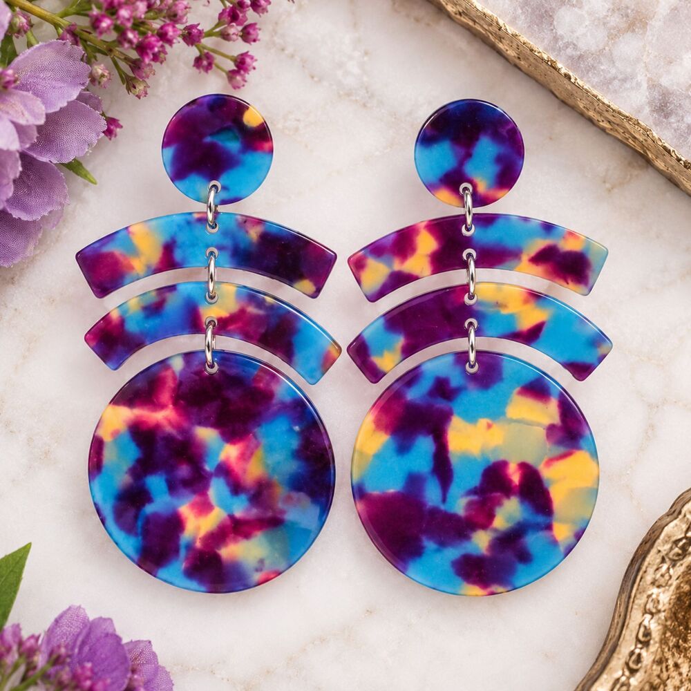 Blue and Purple Multi Color Lucite Drop Statement Earrings